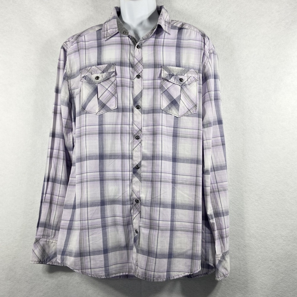 BKE Shirt Mens XL  Purple Pearl Snap Plaid Western Long Sleeves Athletic Fit
